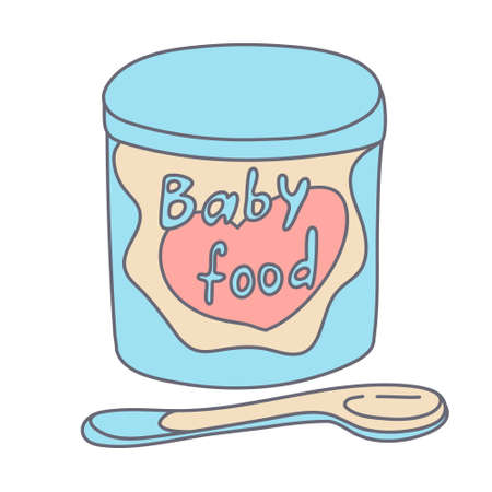 Can with infant formula or baby milk in color doodle style. Measuring spoon. Flat style with outline. Hand drawn vector illustration isolated on white background. Pastel colors, pink, blue, beige.のイラスト素材