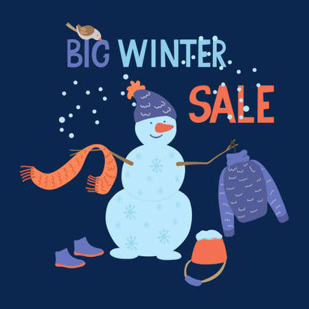 Big winter sale, hand drawn lettering. Vector illustration of a cute snowman with knitted clothes in hands. There are boots, a scarf, a sweater, a hat. A little bird sits on the words. It's snowing.のイラスト素材