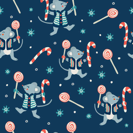 Vector seamless pattern with cute little mice, lollipops, candy canes and snowflakes on dark blue background. Great print for fabric, wrapping papers, wallpapers, covers. Winter and christmas theme.のイラスト素材