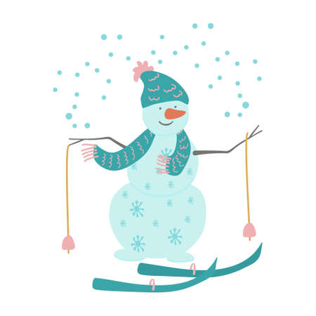 Vector hand drawn children illustration of a cute snowman with skis and ski poles. It's snowing and he is happy. Isolated on white background. Great for Christmas and New Year greeting cards.のイラスト素材
