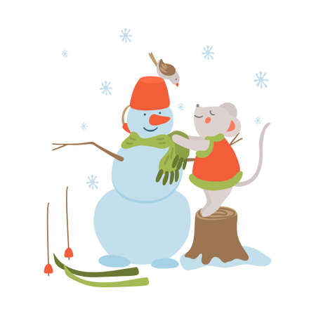 Vector hand drawn illustration of a cute little mouse on a stump, a snowman, a bird and skis. It's snowing and they are happy and joyful. Isolated on white. Winter, holiday and pastime.のイラスト素材