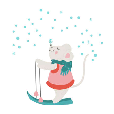 Vector illustration of a cute little mouse on skis with a snowflake on her nose. It's snowing and she is happy and joyful. Isolated on white background. Great for Christmas greeting cards.のイラスト素材