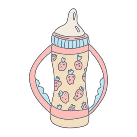 Baby feeding bottle with handles decorated with strawberries in color doodle style. Flat style with outline. Hand drawn vector illustration isolated on white. Pastel colors, pink, blue, beige.のイラスト素材