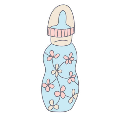 Baby feeding bottle decorated with flowers in color doodle style. Flat style with outline. Hand drawn vector illustration isolated on white background. Pastel colors, pink, blue, beige.のイラスト素材