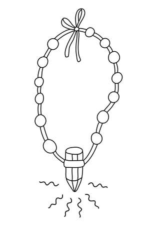 Necklace with crystals in doodle sketch style. Alternative medicine. Crystal treatment. Isolated outline. Hand drawn vector illustration in black ink on white background.のイラスト素材