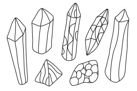 Set with crystals in doodle sketch style. Alternative medicine. Isolated outline. Hand drawn vector illustration in black ink on white background.のイラスト素材