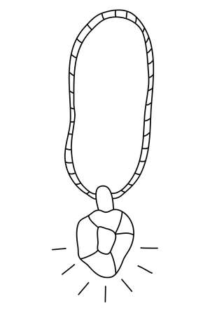 Necklace with crystals in doodle sketch style. Alternative medicine. Crystal treatment. Isolated outline. Hand drawn vector illustration in black ink on white background.のイラスト素材