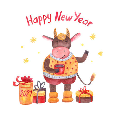 Watercolor cute cheerful bull with mug of tea or coffee and gift boxes. Cozy sweater. Year of ox. Hand painted illustration isolated on white. Happy New Year lettering. Chinese New Year greeting cardの写真素材