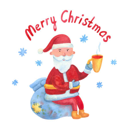 Merry Christmas greeting card with cute cheerful Santa holding a mug of tea or mulled wine. He sits on a bag with gifts. Hand drawn lettering. Watercolor illustration isolated on white background.の写真素材