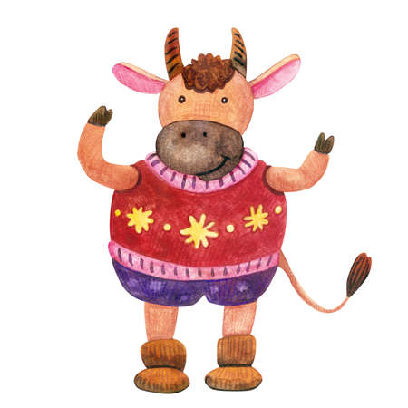 Watercolor cute cheerful bull wearing a cozy sweater. Year of ox. Hand painted illustration isolated on white background. Great for kids design, greeting cards, children products decoration.の写真素材
