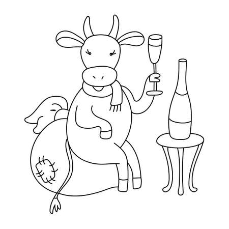 Poster with a cute cheerful cow or a bull drinking champagne in doodle sketch style. Vector illustration on white. Isolated black outline. Great for Christmas, winter or New Year design. Gift boxes.のイラスト素材