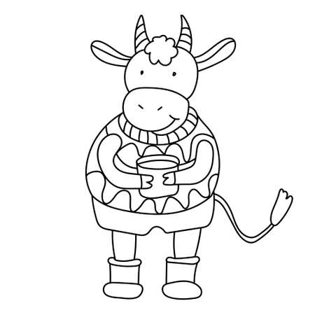 Cute little bull with a mug of tea in doodle sketch style. Black outline. Year of ox. Hand drawn vector illustration isolated on white. Great for Christmas, winter or New Year design.のイラスト素材