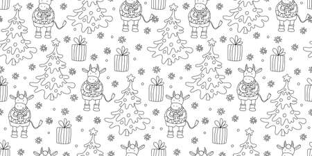 Vector seamless pattern with little cute bull with mug of tea, Christmas trees, snowflakes and gift boxes. White background. Doodle sketch style. Black outline. Great for fabrics, wrapping papers.のイラスト素材