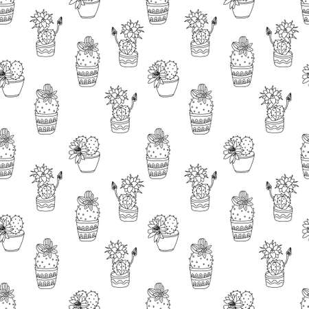 Vector seamless pattern with blooming succulent cactuses in pots decorated with patterns. Doodle sketch style. Black outline. Great for covers, wrapping papers, fabrics.のイラスト素材