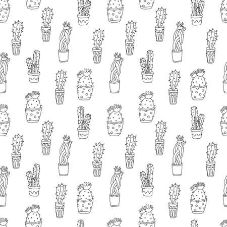 Vector seamless pattern with blooming succulent cactuses in pots decorated with patterns. Doodle...