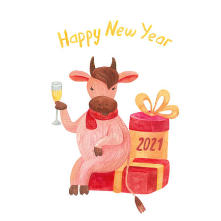 Happy New Year greeting card with a cute cheerful bull or cow drinking champagne.の写真素材