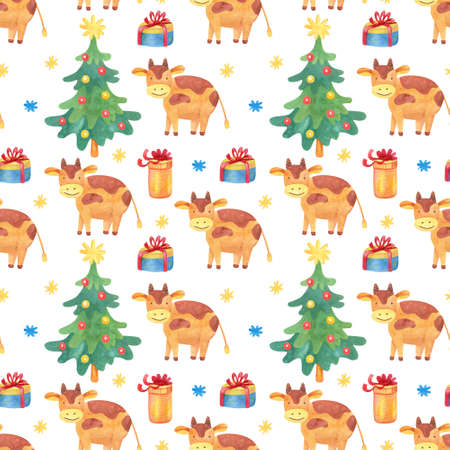 seamless pattern with little cute bulls, Christmas trees, snowflakes and gift boxes. White background. Great for fabrics, wrapping papers. Chinese new year of the ox.の写真素材