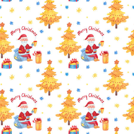seamless pattern with Santa sitting on a bag with gifts and drinking hot tea. Christmas trees, snowflakes. Hand drawn Merry Christmas. White background. Great for fabrics, wrapping papers.の写真素材