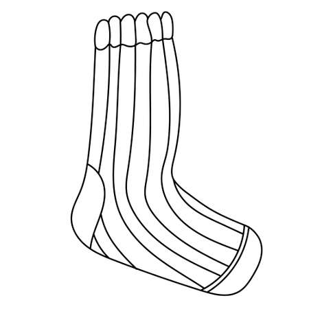 Striped sock in doodle sketch style. Isolated black outline. Hand drawn vector illustration on white background. Cozy home and winter theme. Warm clothes.のイラスト素材