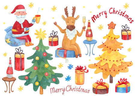 Watercolor set with Santa, deer drinking champagne, Merry Christmas lettering, gift boxes, Christmas trees and snowflakes on white background. Great for design of greeting card, posters, decorations.の写真素材
