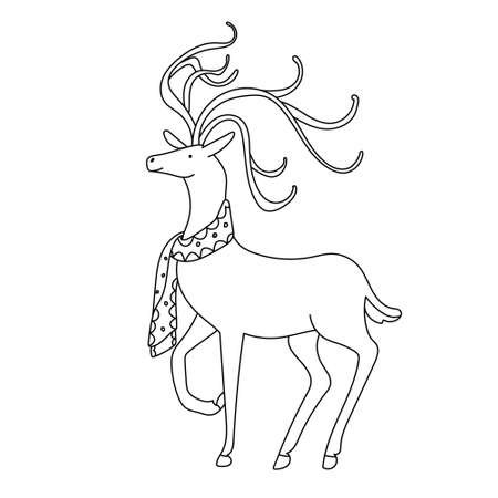 Nice Christmas deer with a scarf decorated with pattern in doodle sketch style. Vector hand drawn illustration on white background. Isolated black outline.のイラスト素材