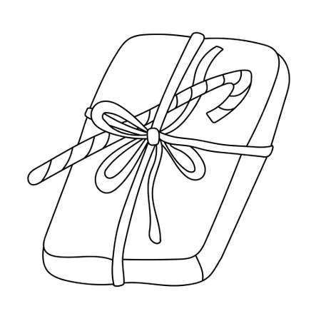 Present tight up with bow ribbon and decorated with candy cane. Doodle cartoon vector illustration of gift box for Christmas or Birthday.のイラスト素材