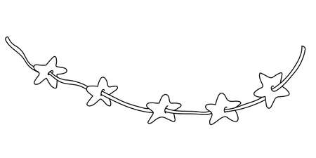 Christmas garland with star shape cookies in doodle sketch style. Vector hand drawn illustration of biscuits on rope on white background. Isolated black outline.のイラスト素材