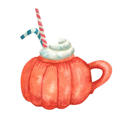 Watercolor pumpkin shaped mug of cappuccino decorated with striped straws. Hand painted illustration of an orange cup of cocoa garnished with whipped cream. Isolated on white background. Cozy winter.の写真素材
