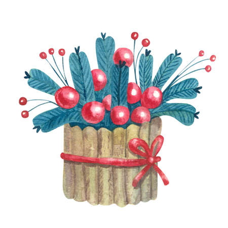 Watercolor Christmas composition with spruce branches and berries decorated with a bow ribbon. Hand painted illustration isolated on white background. Great for greeting cards design.の写真素材