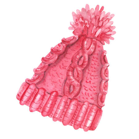 Watercolor pink knitted hat with a big pompom. Hand painted painted illustration isolated on white background. Cozy winter theme. Warm clothes.の写真素材