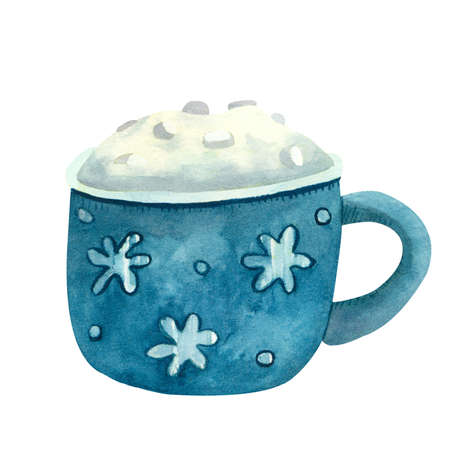 Watercolor mug of cappuccino decorated with snowflakes. Hand painted illustration of a blue cup of cocoa garnished with whipped cream and marshmallow. Isolated on white background. Cozy winter.の写真素材