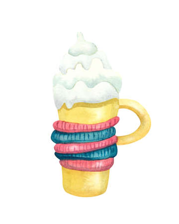 Watercolor cappuccino or latte garnished with whipped cream. Cute yellow mug decorated with striped red and blue knitted cup holder. Isolated on white background. Cozy winter and home.の写真素材
