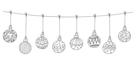 Christmas decoration in doodle sketch style. Cute baubles garland. Hand drawn vector illustration isolated on white. Black outline. New year, winter, home decor. Great for poster design, greeting cardのイラスト素材