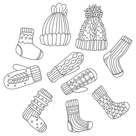 Set with winter knitted clothes in doodle sketch style. Cute mittens, hats with pompoms, socks decorated with patterns. Hand drawn vector illustration isolated on white. Black outline. Christmas themeのイラスト素材