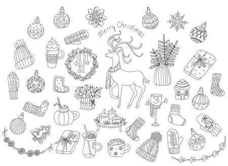 Set with Christmas decorations in doodle sketch style.のイラスト素材