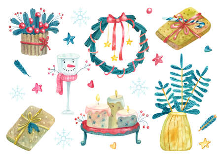 Watercolor set with colorful christmas decorations. Cute candles on tray, gift box, wreath, glass snowman, spruce branches in vase. Hand painted illustration isolated on white. Great for xmas design.の写真素材