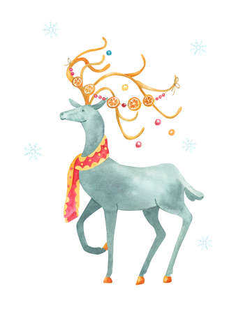 Magic Christmas deer with a scarf decorated with pattern and yellow gold horns and hooves. Watercolor illustration isolated on white background. Great for greeting cards, poster design.の写真素材