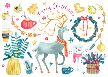 Watercolor big set with Christmas decorations, sweet food and drinks. Gold baubles, garland, gingerbread, mitten, deer, wreath, cute mugs. Hand painted illustration isolated on white. Xmas design.の写真素材