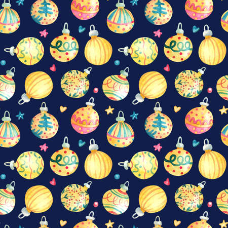 Watercolor seamless pattern with shining gold Christmas baubles or balls on deep blue or dark. Beautiful Xmas and New Year textile. Great for fabrics, wrapping papers, covers, kids or baby clothes.の写真素材