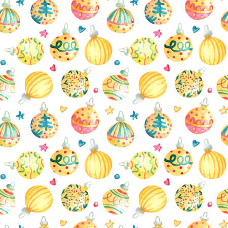 Watercolor seamless pattern with shining gold Christmas baubles or balls on white background. Beautiful Xmas and New Year textile. Great for fabrics, wrapping papers, covers, kids or baby clothes.の写真素材