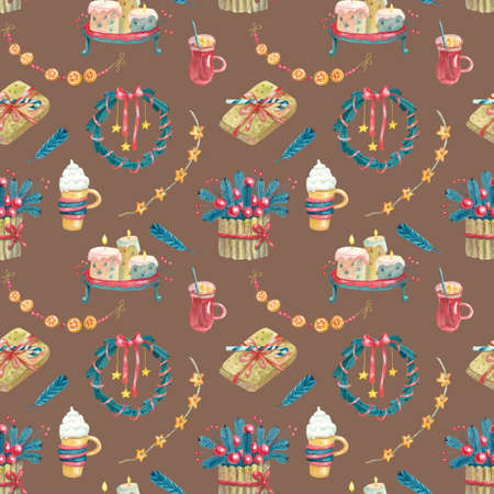 Watercolor seamless pattern with candles on tray, gift boxes, garlands, wreath, mugs, mulled wine, spruce branches on brown. Christmas textile. Great for fabrics, wrapping papers, covers, Xmas design.の写真素材
