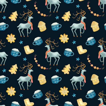 Watercolor seamless pattern with Christmas deers, gingerbreads, cappuccino, garlands on dark background. Beautiful Christmas textile. Great for fabrics, wrapping papers, covers, kids or baby clothes.の写真素材