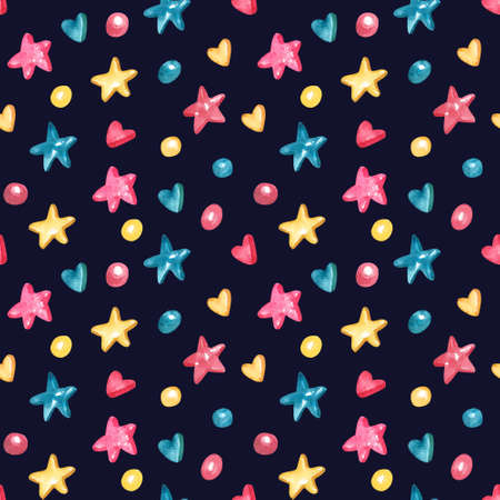 Watercolor seamless pattern with shining star shaped candies and caramel dragees on dark background. Beautiful Christmas textile. Great for fabrics, wrapping papers, covers, kids or baby clothes.の写真素材