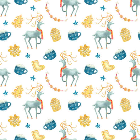 Watercolor seamless pattern with Christmas deers, gingerbreads, cappuccino, garlands on white background. Beautiful Christmas textile. Great for fabrics, wrapping papers, covers, kids or baby clothes.の写真素材