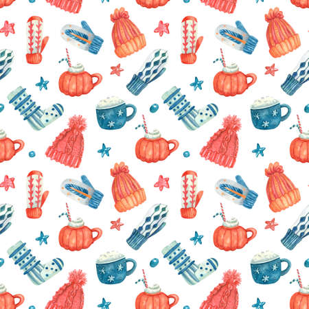 Watercolor seamless pattern with knitted warm clothes, hot coffee drinks. Colorful hats, mittens, socks on white. Winter or Christmas textile. Great for kids or baby fabrics, wrapping papers, covers.の写真素材