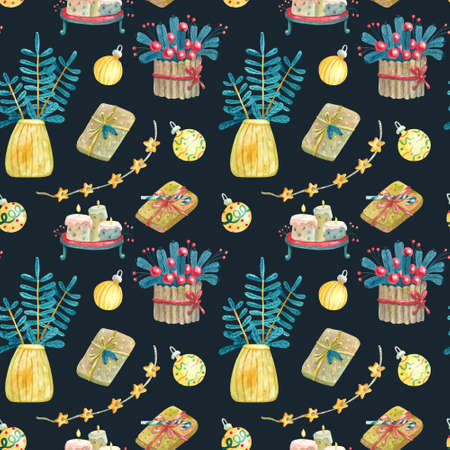 Watercolor seamless pattern with cute candles on tray, gift boxes, garlands, gold baubles, spruce branches in vase on dark. Christmas textile. Great for fabrics, wrapping papers, covers, Xmas design.の写真素材