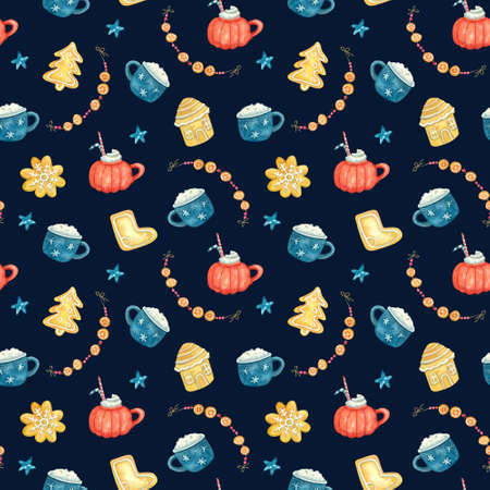 Watercolor seamless pattern with Xmas gingerbreads, mugs of cappuccino, garlands on deep blue background. Beautiful Christmas textile. Great for fabrics, wrapping papers, covers, kids or baby clothes.の写真素材
