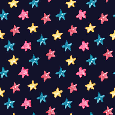 Watercolor seamless pattern with shining star shaped candies on deep blue dark background. Beautiful Christmas textile. Great for fabrics, wrapping papers, covers, kids or baby clothes.の写真素材