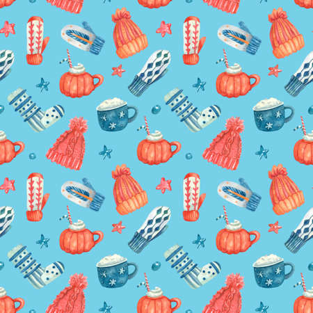 Watercolor seamless pattern with knitted warm clothes, hot drinks. Colorful hats, mittens, socks on light blue. Winter or Christmas textile. Great for kids or baby fabrics, wrapping papers, covers.の写真素材