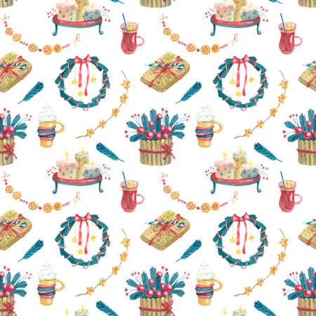 Watercolor seamless pattern with candles on tray, gift boxes, garlands, wreath, mugs, mulled wine, spruce branches on white. Christmas textile. Great for fabrics, wrapping papers, covers, Xmas design.の写真素材